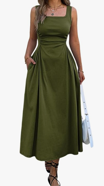 Stylelye Women's Square Neck Ruched Waist Maxi Dress